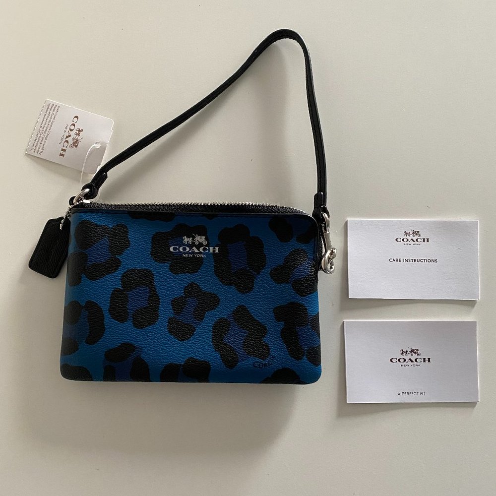 Coach blue leopard print zip wristlet NWT